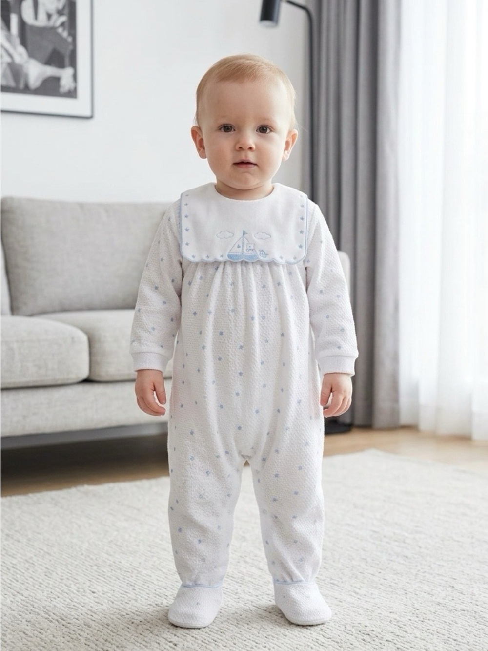 VTG Dior Baby White One-Piece Light Blue Sailboat & Bear & Logo Large 18-23 lbs.
